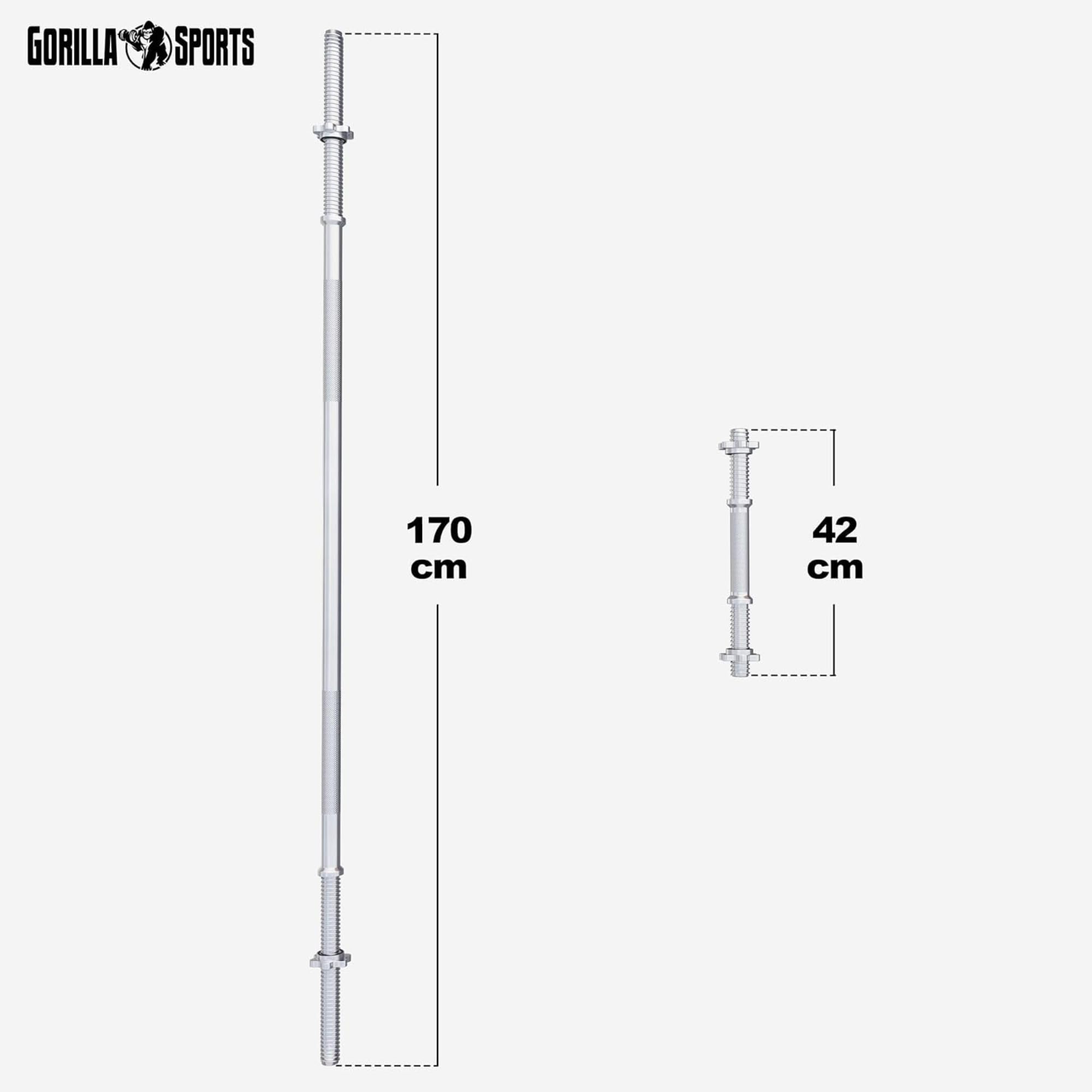 GORILLA SPORTS® Juego de mancuernas – 60 kg, 100 kg o 130 kg, barra larga de 170 cm, 2 mancuernas, discos de plástico de 30 mm, con cierres de estrella – Juego de mancuernas, mancuernas, pesas y