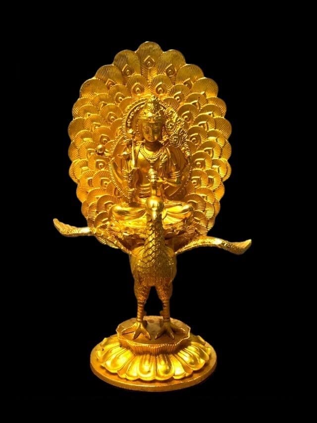 Amazon｜仏像 孔雀明王 座像 乗座孔雀 孔雀王母菩薩 尾羽光背孔雀台