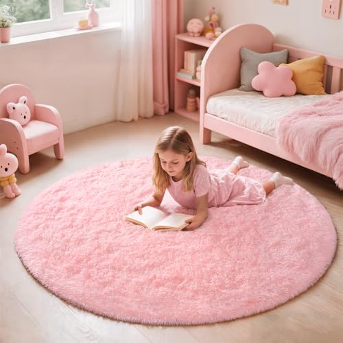 Pink Round Rug for Bedroom, 5Ft Fluffy Circle Area Rugs for Living Room, Shag Fuzzy Carpet for Kids Room, Nursery, Dorm, Classroom, Teen, Cute Baby Play Mat Home Decor Aesthetic
