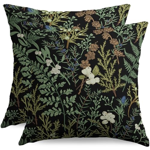 sorfbliss Botanical Print Floral Pillow Covers 18x18 Set of 2 Black Sage Green Spring Vintage Flower Plant Decorative Throw Pillow Cases Outdoor Farmhouse Decor for Sofa Couch Bed