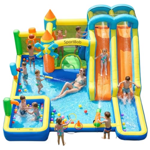 SportBob Large Double Slide Inflatable Bouncy Castle with 750W Blower Climbing Wall Paddling Pool & Basketball Hoop Indoor Outdoor Kids Bounce House for Birthday Garden Party 480 x 440 x 210cm