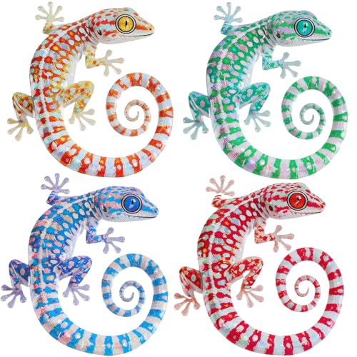 YiYa Lot de 4 Décoration Murale Gecko en Métal Coloré Sculptures Murales Lézard en Métal Décoration Extérieure Jardin Clôture pour Intérieur &...