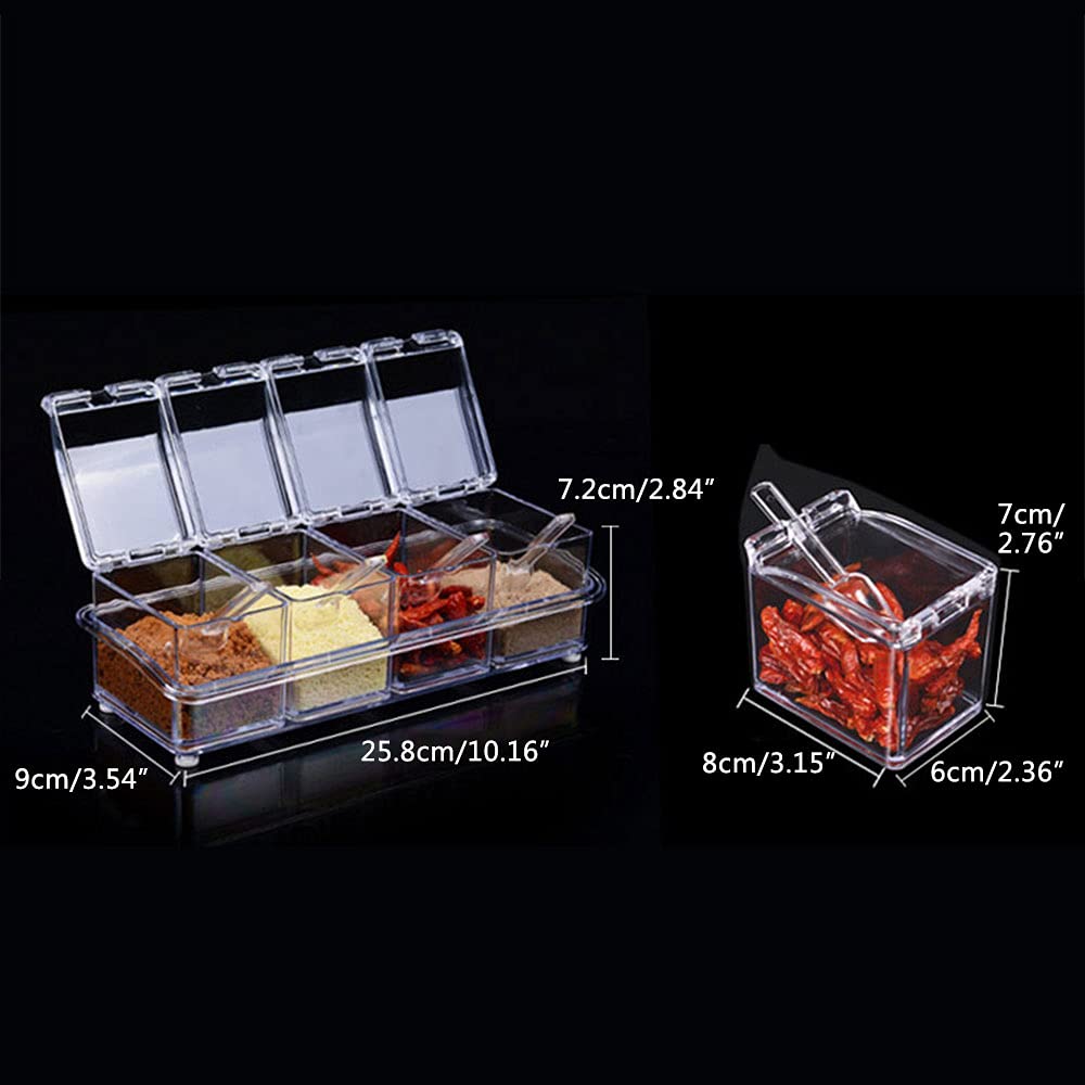 Seasoning Box Transparent Seasoning Box, 4 Pieces Seasoning Storage Container with Spoon, Condiment Jars with Cover and Spoon for Spice Salt Sugar Cruet