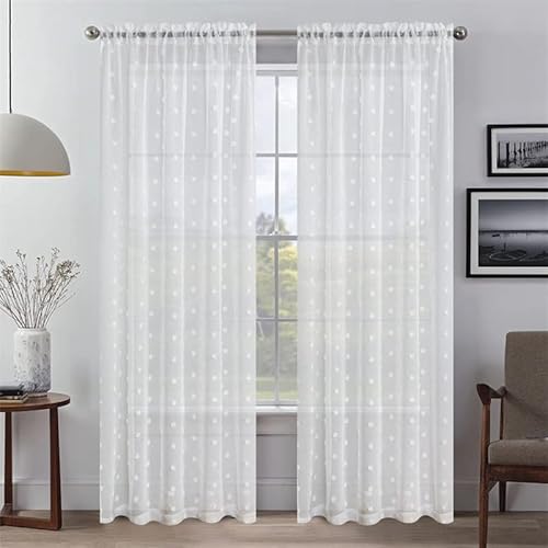 GYROHOME Cortinas transparentes blancas, juego de 2 paneles para sala de estar, dormitorio, patrón de bola copetuda blanca, cortinas bohemias semitransparentes, bolsillo para barra, 52 x 54 pulgadas Cover