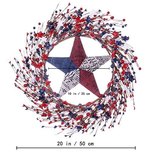 Jinghong Red White Blue Berry Wreath With Rustic Star,Artificial 4Th Of July Patriotic Wreath With Red White Blue Stars,July 4Th Decorations For Front Door Independence Day Decor-20In #TOP1