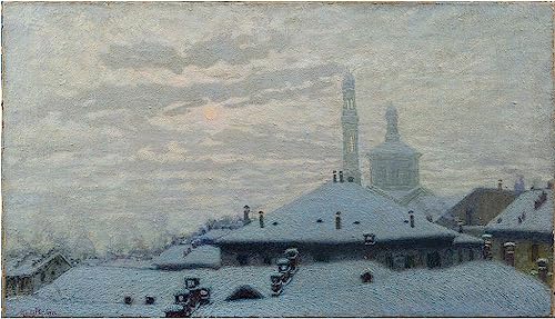 Peinture Poster Impression Toits sous la neige Angelo Morbelli pour Salon Moderne 60x90cm