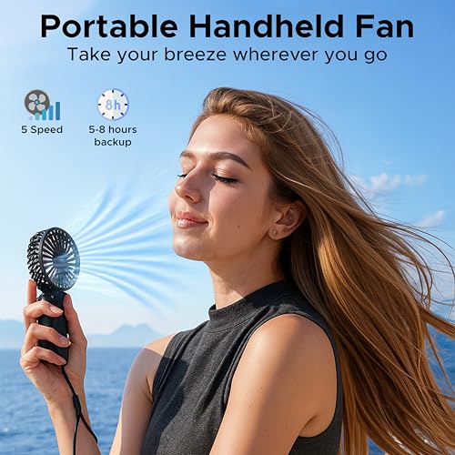 Image of EcoNour Portable Handheld Fan | USB Rechargeable Mini Fan with 5 Speeds | LED Display and Foldable Design | Battery Operated Mini Fan for Home, Office, Bedroom, and Travel