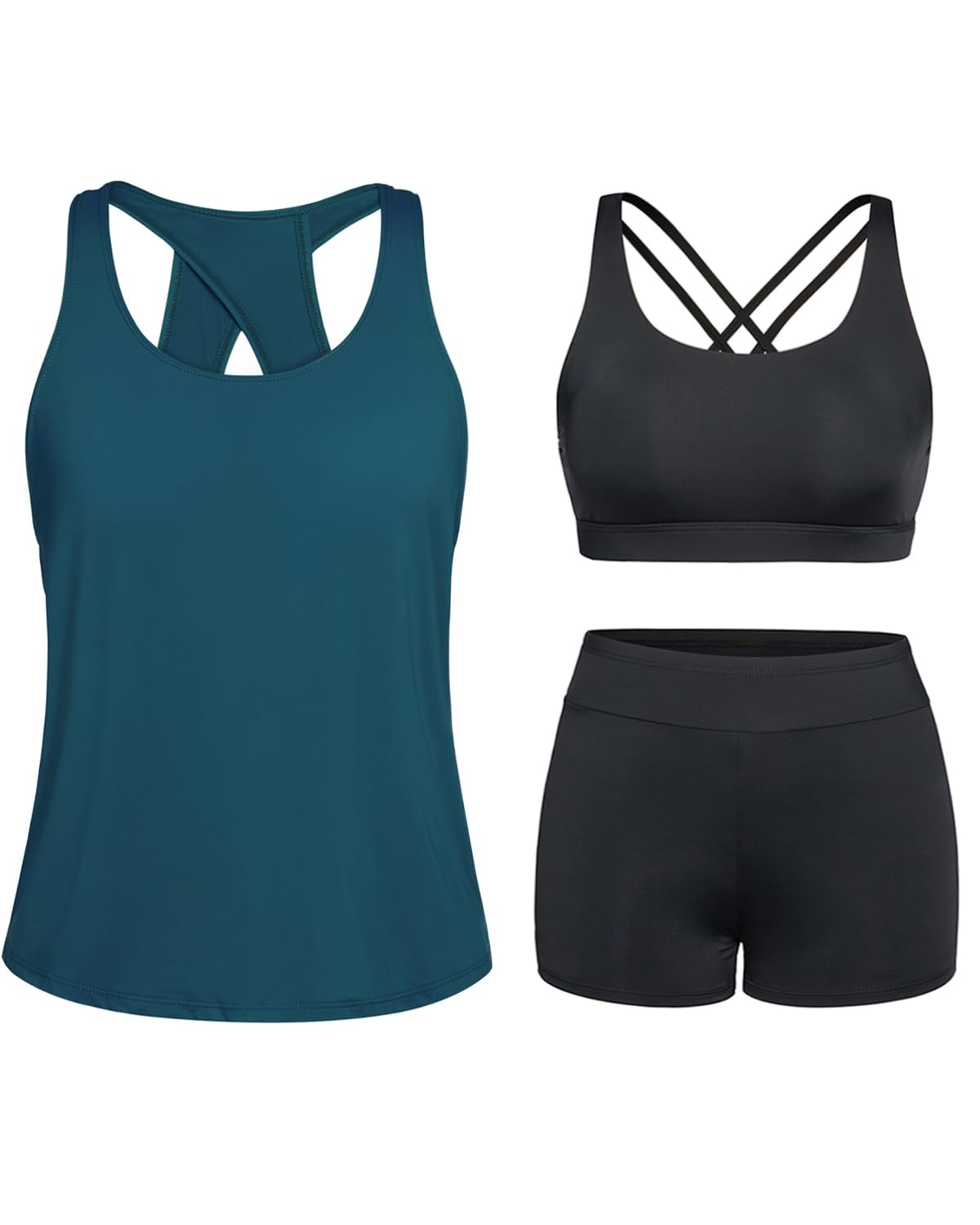 3 Piece Tankini Swimsuits for Women Athletic Bathing Suits Swim Tank Top with Boy Shorts and Bra Modest Swimwear