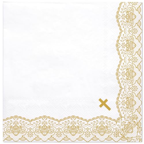 WRAPAHOLIC 50Pcs Religious Paper Napkins - 3-Ply Gold Cross Disposable Luncheon Napkins for Christening Party Confirmation Church Party Baby Shower - 6.5 x 6.5 In