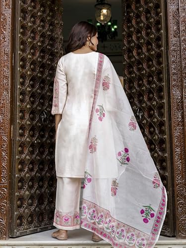 Image of TRENDMALLS Women's Cotton Embroidery Sequence Work Kurta Palazzo with Dupatta Salwar Suit Set For Women