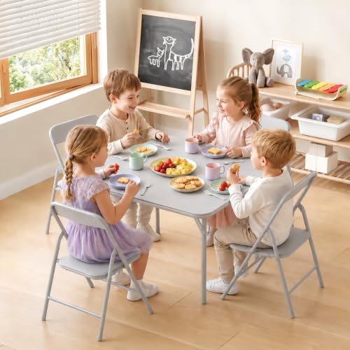 Image of JOYMOR Kids Folding Table and Chairs Set, 5-Piece Metal Frame Activity Set with Easy-Fold Design for Playroom & Classroom, Gray