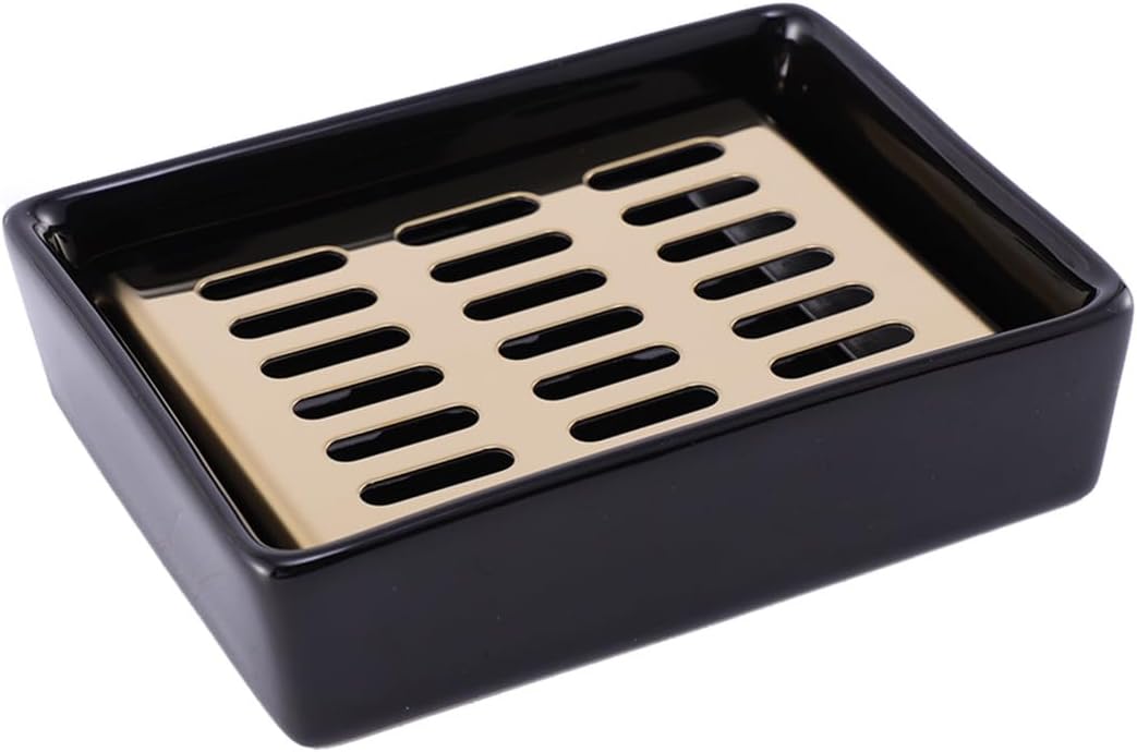 Beavorty Ceramic Double Soap Dish Drain Soap Box Black Stainless Steel Holder for Bathroom Countertop Suitable for Kitchen and Shower Use