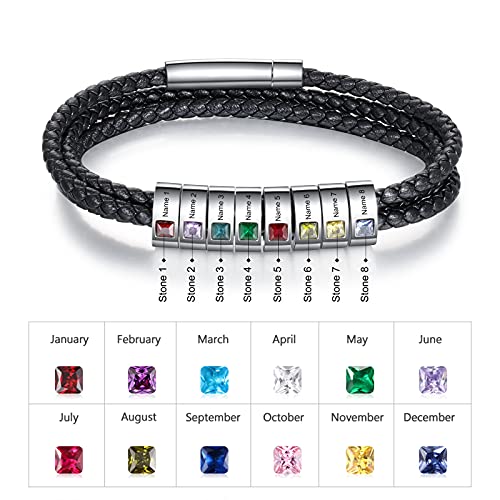 Kaululu Fathers Gifts Custom Leather Bracelet For Men With 8 Birthstones Engraved Stainless Steel Beads Personalized Names Bracelet For Father Husband Boyfriend Boys Birthday Gift #TOP3