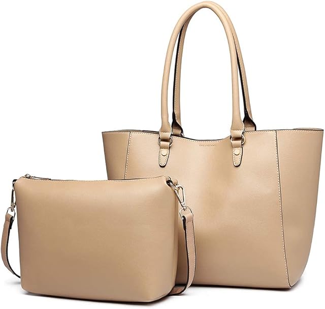 Miss Lulu Women Fashion Handbags PU Leather Top Handle Tote Bag Shoulder Satchel Bag 2pcs Set (Apricot)