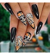 Kikmoya Halloween Black Press on Nails Stiletto Fake Nails Medium Length with Pumpkin Sipider Web...