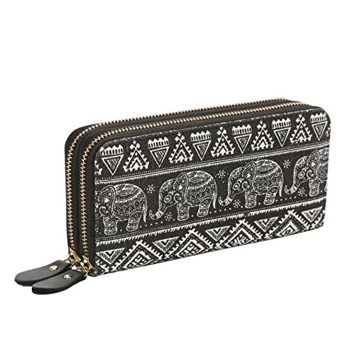 Bohemian Purse Wallet Canvas Elephant Pattern Handbag With Coin Pocket And Strap (Large, Black Elephant) #TOP2