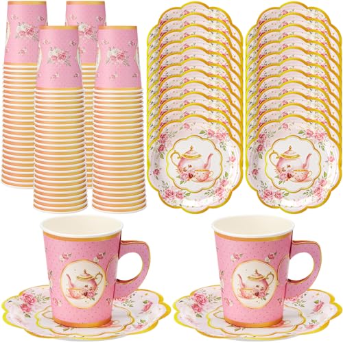 Tioncy 100 Pcs Tea Party Decorations Include 50 Pieces 9 oz Paper Tea Cups with Handle and 50 Plates Disposable Teacups and Saucers Sets for Birthday(Teapot)