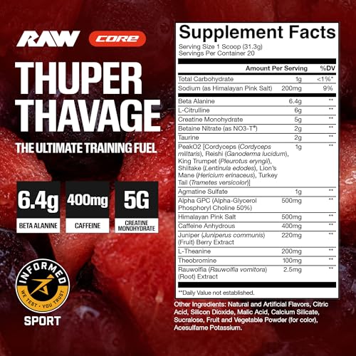 Image of RAW Thuper Thavage Pre Workout Powder - High-Stim Preworkout with Creatine, Beta Alanine, L-Citrulline & Caffeine - Chris Bumstead Gym & Fitness Supplement for Men & Women - Watermelon Grape