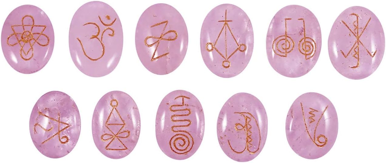 11 Pcs Rose Quartz Zonar, Halu, Harth, Rana, Gnosa, Kriya, Iava, Shanti, Dumo, Tibetan Fire Serpent, Om Engraved Karuna Palm Reiki Symbol Stone Set