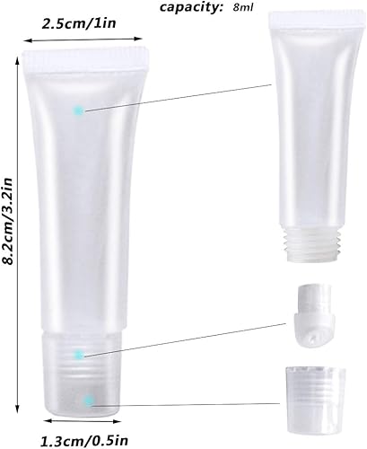 Miniatura 2 de 20 tubos vacíos de brillo de labios de 0.3 fl oz + embudos de plástico + pipeta + espátula, tubos de viaje recargables, tubos de bálsamo labial