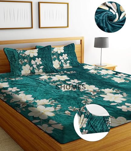 Image of Premium Elastic Fitted Warm bedsheets for Winter for Double Bed, Elastic Fitted Winter bedsheets for King Size Bed with 2 Pillow Covers, Size - 72 x 78 Inches (Green)