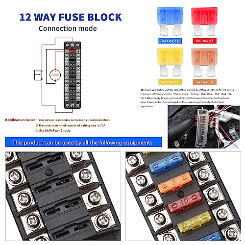 12 Way 12V Fuse Box Blade, 12Volt Fuse Block Without Led Indicator Damp-Proof Cover - 12 Circuit Independent Positive Negative Fuse Box Holder For 12V/24V Auto Car Truck Boat Marine Vehicle #TOP1