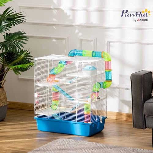 PawHut Extra Large 23" Hamster Cage with Tubes and Tunnels, Portable Carry Handles, Rat House and Habitats Big 5-Tier Design, Mouse Cage Includes Exercise Wheel, Water Bottle, Food Dish, Blue - Image 3