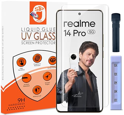 Image of UV Advanced HD+ Tempered Glass Screen Protector Guard Compatible For Realme 14 Pro 5G (6.77 Inch, Pack of 1) Full Adhesive UV Curved Case Friendly HD Clarity with easy installation kit