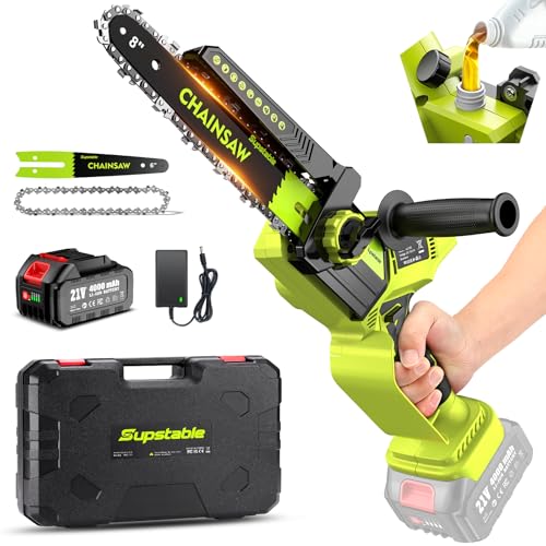 Supstable Mini motosierra inalámbrica, 2 en 1 de 8 y 6 pulgadas, 2 en 1, con batería recargable de 4000 mAh y sistema de aceite automático para cortar árboles, cortar madera, herramienta de jardín