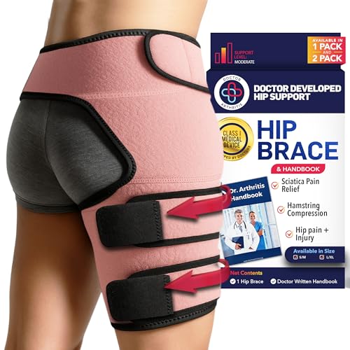 Dr. Arthritis Hip Brace, Adjustable Sciatic Nerve Brace &amp; Stabilizer for Pulled Muscles &amp; Injury Recovery, Hamstring Compression Sleeve Support, Sciatica Pain Relief Devices for Men &amp; Women (Pink, S/M)