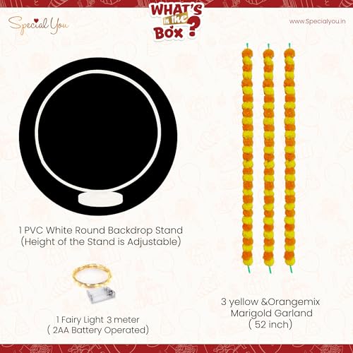 Image of SpecialYou Diwali Decoration for Home with Festive Decor Backdrop PVC, 3 Marigold Garland, 3mtr Light, Decorations Stand for Backdrop for Pooja, Deepavali Decoration Items for Home- 5Pcs