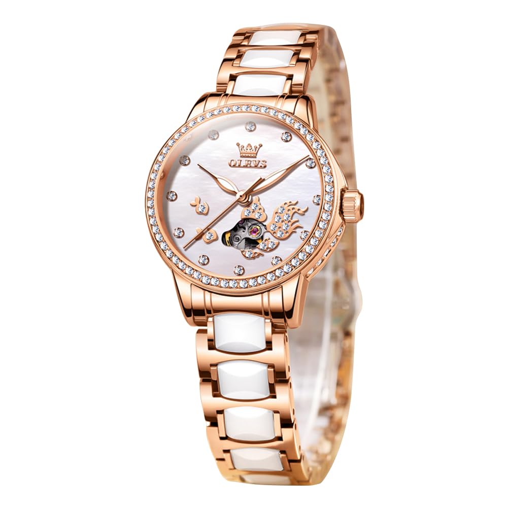 OLEVS Women's Rose Gold Automatic Watches Skeleton Mechanical Self Winding Ladies Elegant Luxury Dress Butterfly Diamond White Ceramic Band Watch Gift