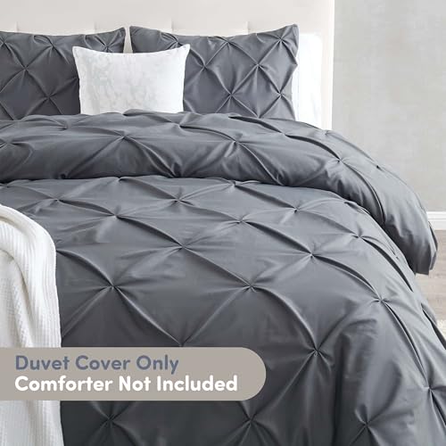 Image of Nestl Dark Grey Duvet Cover Full Size - Soft Double Brushed Duvet Set with Button Closure & Corner Ties, 3 Piece Luxurious Pinch Pleated Duvet Cover Set 80x90 Inches with 2 Pillow Shams