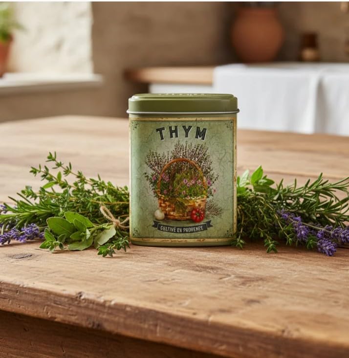 Esprit Provence, Thym (French Provence Thyme) in Lidded Decorative Tin, .88 oz (25 g), Imported