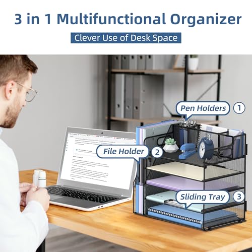 SUPEASY Desk Organizer with Magazine Holder, 5-Tier Paper Organizer for Desk Accessories with Pen Holder, Paper Letter Tray for Home, Office and School Supplies, Black image 1