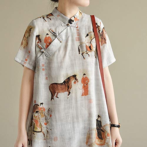 Mdhnfhdjd 2 PCS Retro Stand Collar Button Printed Cotton and Linen Long Modified Cheongsam Dress, Size:XL(No Sleeve) (Color : Short Sleeve)