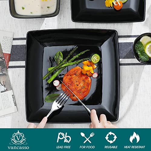 Vancasso Soho Stoneware Square Dinner Set Black 16 Piece Kitchen Dinnerware Service Plate Crockery Set With 16-Piece Dinner Plates, Dessert Plate,Bowls And Mugs, Service For 4 #TOP2