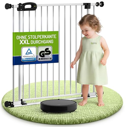 Bomi Treppenschutzgitter Merle Flatstep, Breite 63-71 cm | Türschutzgitter ohne Bohren, stabile Kindersicherung für Kind & Hund, TÜV geprüftes Hundegitter, Türgitter, Treppengitter, Metall Weiß