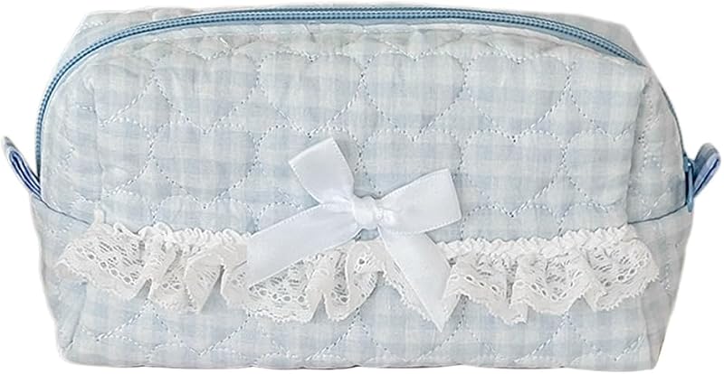 WELLRI Necessaire de viagem em algodão com zíper, padrão xadrez e laço, Lace Blue, 1 unidade