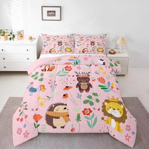 Erosebridal Kids Zoo Animal Full Bedding Set,Wild Animals Safari Comforter Set for Girls,Cute Wildlife Print Comforter,Pink Floral Plant Forest Bedroom Room Decor,2 Pillowcases Breathable