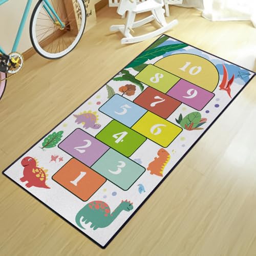 Dinosaur Hopscotch Numbers Play Area Rug for Kids Room Bedroom, Non-Slip Toddler Boys Girls Educational Runner Rug for Playroom, Cute Dino Learning Hop Count Floor Carpet, Large 63