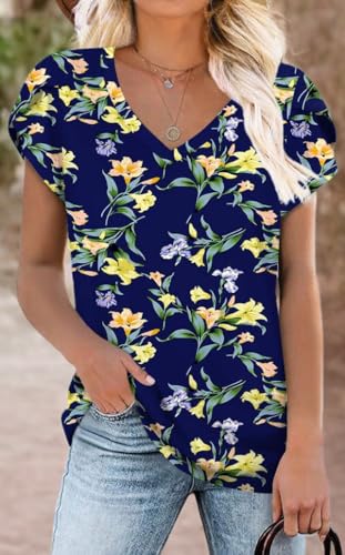 Image of CATHY 2026 Women Tops Summer Short Sleeve Tunic V Neck T-Shirts Loose Casual Floral Blouse S-4XL