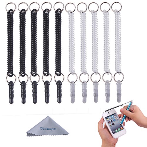 Wisdompro Stylus Tether, 10 Pack of Detachable Elastic Coil Tether Strings/Lanyards with 3.5mm Earphone Jack for Stylus Pens - Black/Clear