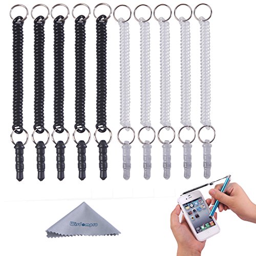 wisdompro Stylus Tether, 10 Pack of Detachable Elastic Coil Tether Strings/Lanyards with 3.5mm earphone jack for Stylus Pens - Black + Clear