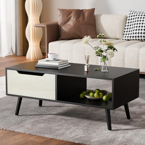 Cozy Castle Modern Coffee Table, Wooden Cocktail Table with Storage,