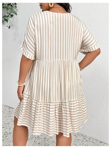WDIRARA Women's Plus Size Striped V Neck Tshirts Dress Summer Ruffle Hem Flowy A Line Short Dresses2
