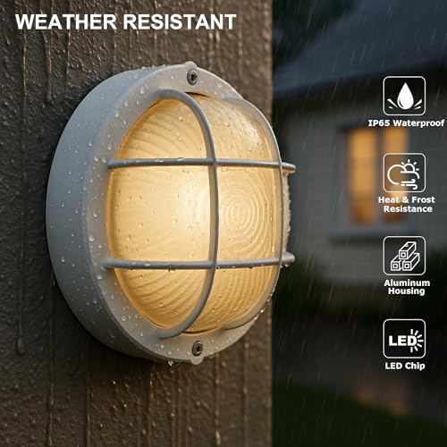 Image of GRUENLICH Outdoor Bulkhead Light, LED Round Wall Sconce, Rustproof, White | 8 inch Dimmable Wall Light for Porch, Garage, Walkway, Nautical, 15W 1500 Lumen, Aluminum, Glass, Waterproof, 3000K, 1 Pack