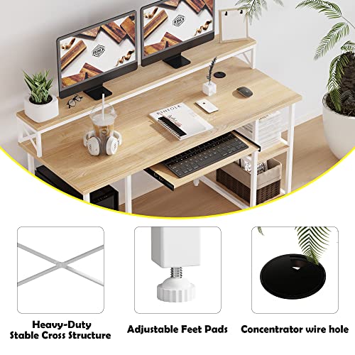 Ironck Computer Desk 55" With Keyboard Tray, Home Office Pc Desk With Monitor Stand Storage Shelf Cpu Stand, Natural Oak #TOP3