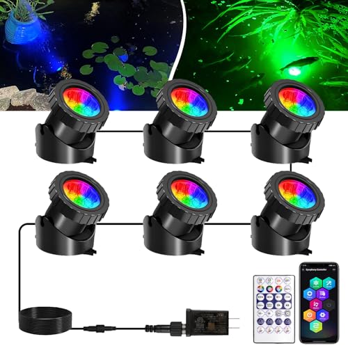 T-SUNUS 6-in-1 Color Changing Underwater Pond Light, IP68 Waterproof LED Fountain Lights with Bluetooth APP Control, RGB Submersible Landscape Spotlights for Aquariums Waterfalls Fountains Fish Tanks