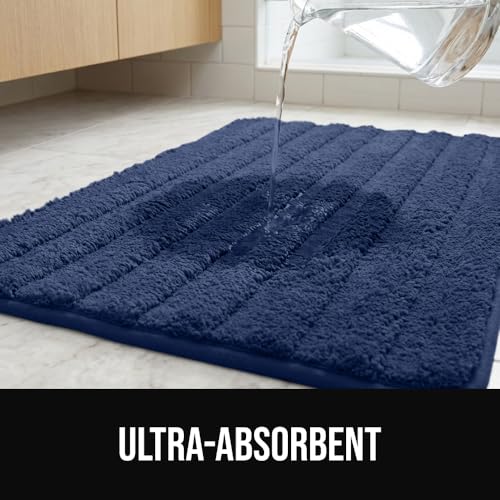 Image of GORILLA GRIP Memory Foam Bathroom Rugs, Soft Absorbent Textured Rubber Backing Striped Bath Mat, Set of 2 Machine Washable Quick Dry Floor Mats, Shower Rugs Home Accessories, Navy 24x16 and 30x18